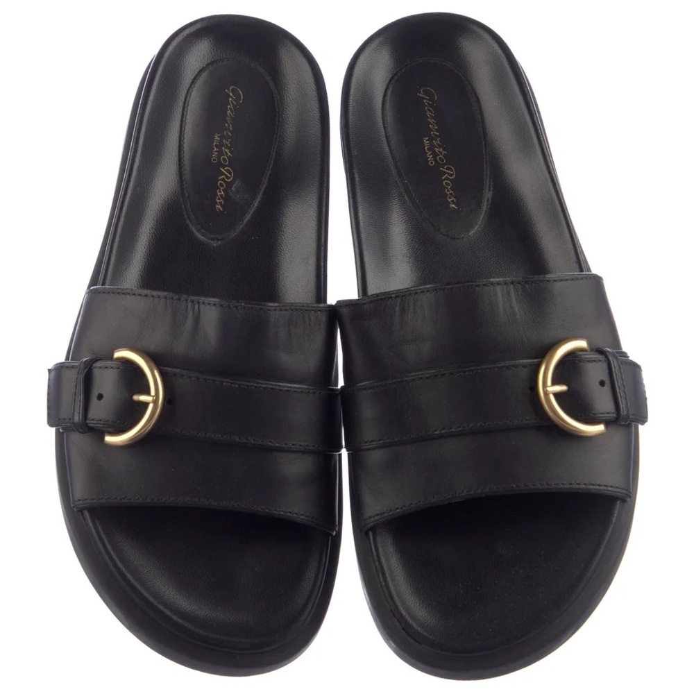 Gianvito Rossi Bilbao Black Slide Sandals with Gold Buckle, size 36